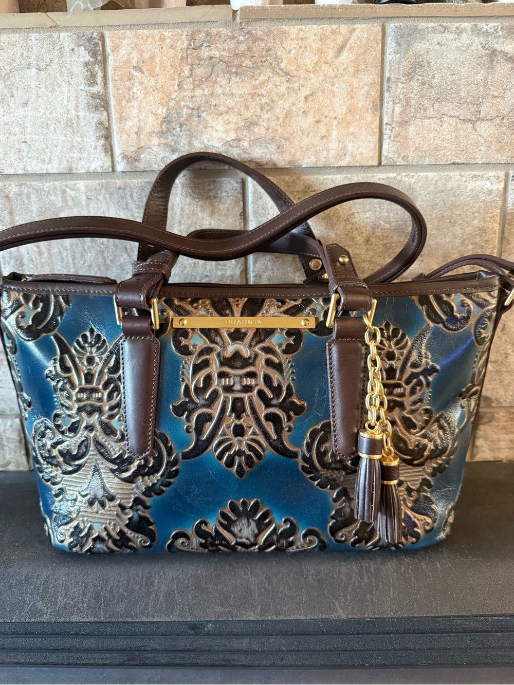 Brahmin Teal and Brown Embossed Leather Tote with Tassel Charm